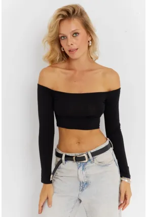 Kadın Siyah Kare Yaka Crop Bluz CG364