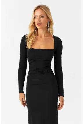 Kadın Siyah Kare Yaka Drepeli Midi Elbise B6009