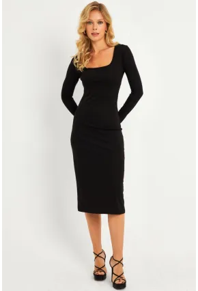 Kadın Siyah Kare Yaka Midi Elbise CG382