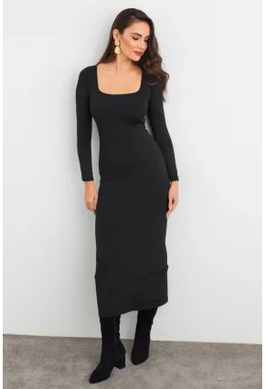 Kadın Siyah Kare Yaka Midi Elbise XC8102