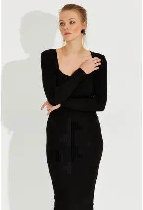 Kadın Siyah Kare Yaka Triko Midi Elbise SF2520