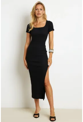 Kadın Siyah Kare Yaka Yırtmaçlı Midi Elbise XL2000