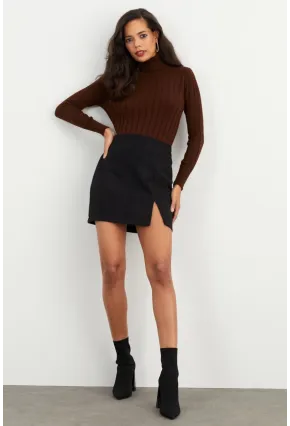 Kadın Siyah Kaşe Mini Etek KN55