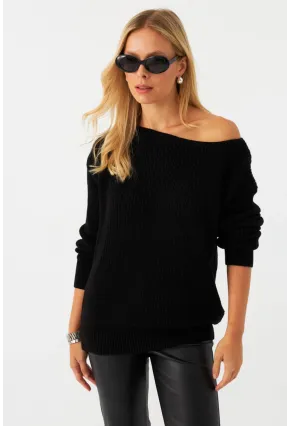 Kadın Siyah Kayık Yaka Kazak AYD392