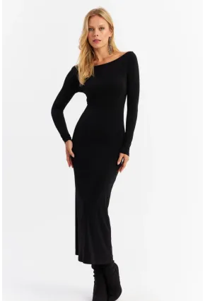 Kadın Siyah Kayık Yaka Maxi Yılbaşı Elbise HOR03