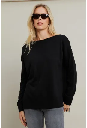 Kadın Siyah Kayık Yaka Triko Bluz MYİL561
