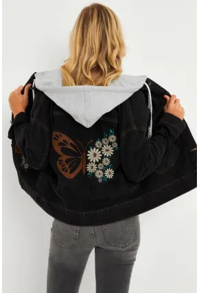 Kadın Siyah Kelebek Nakışlı Kapüşonlu Kot Ceket İS423