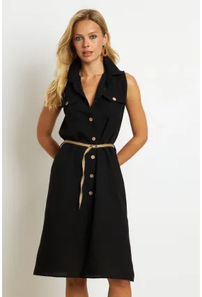Kadın Siyah Kemerli Gömlek Midi Elbise SGT404