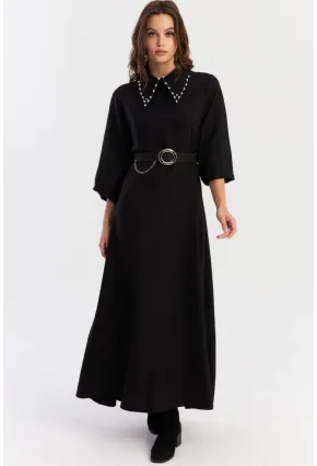 Kadın Siyah Kemerli İncili Maxi Elbise ALZ341