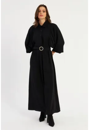 Kadın Siyah Kemerli Maxi Elbise MASF15
