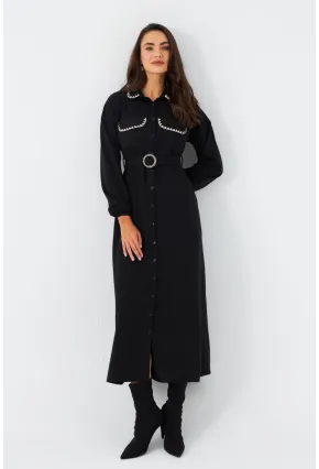 Kadın Siyah Kemerli Maxi Gömlek Elbise MASF17