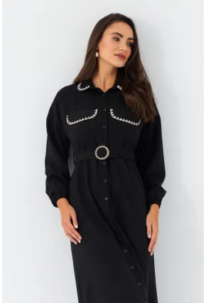 Kadın Siyah Kemerli Maxi Gömlek Elbise MASF17