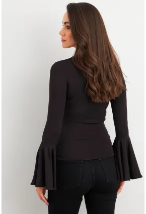 Kadın Siyah-Kırmızı Kontrast Çan Kollu Bluz EY3013