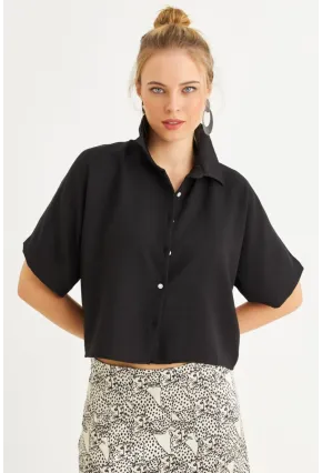 Kadın Siyah Kısa Kollu Crop Gömlek CNG117