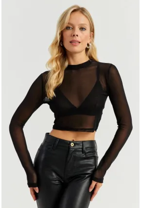 Kadın Siyah Kısa Tül Bluz MEN2027