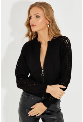 Kadın Siyah Kolları Ajurlu Fermuarlı Triko Ceket KZ2491