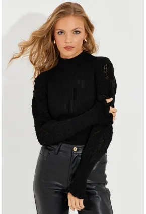 Kadın Siyah Kolları Ajurlu Triko Bluz SMT218