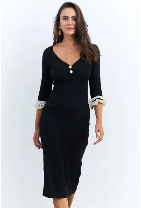 Kadın Siyah Kolları Dantel Detaylı Kaşkorse Midi Elbise EY2955