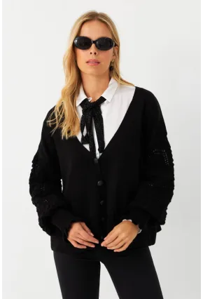 Kadın Siyah Kolları Örme Hırka MSE800