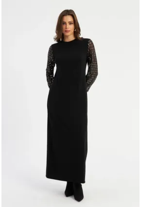 Kadın Siyah Kolları Parlak Tül Detaylı Maxi Elbise MBK56