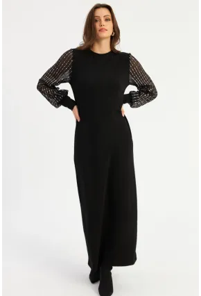 Kadın Siyah Kolları Parlak Tül Detaylı Maxi Elbise MBK56