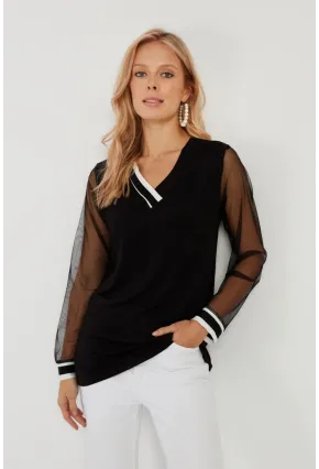 Kadın Siyah Kolları Tül Bluz ST832