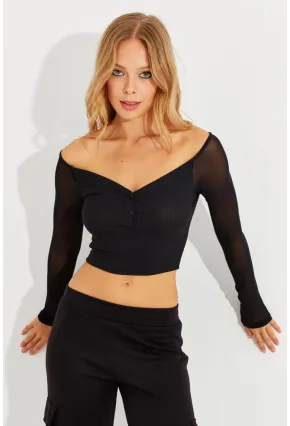 Kadın Siyah Kolları Tül Crop Bluz CG315