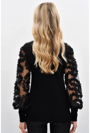 Kadın Siyah Kolları Tül Fırfır Aksesuarlı Bluz BK894