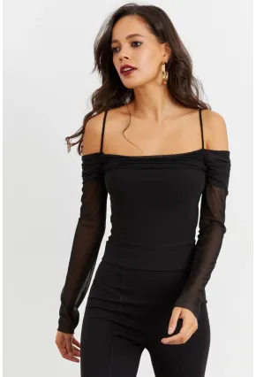 Kadın Siyah Kolları Tül Madonna Yaka Crop Bluz B1927