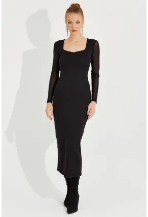 Kadın Siyah Kolları Tül Midi Elbise EY2599