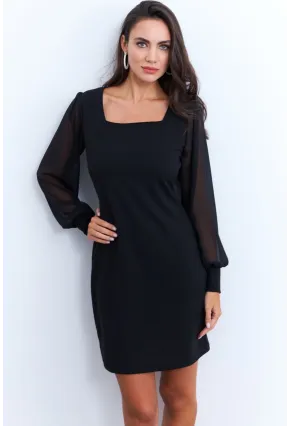 Kadın Siyah Kolu Tül Kare Yaka Midi Elbise ST841