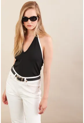 Kadın Siyah Kontrast Biyeli V Yaka Bluz EY3103