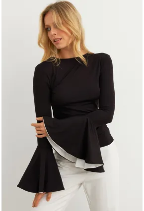 Kadın Siyah Kontrast Çan Kollu Bluz EY3013