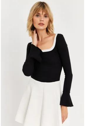 Kadın Siyah Kontrast Yaka İspanyol Kol Bluz ALB3105