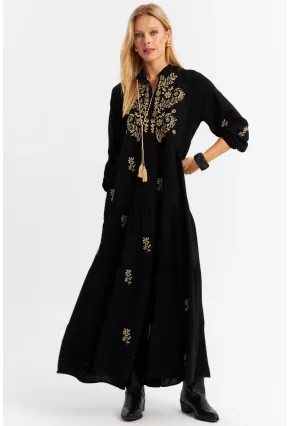 Kadın Siyah Kordon Detaylı Nakışlı Maxi Elbise MALO5