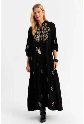 Kadın Siyah Kordon Detaylı Nakışlı Maxi Elbise MALO5