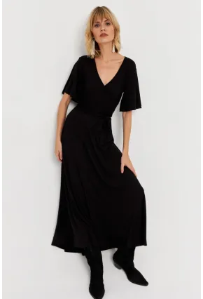 Kadın Siyah Kruvaze Bağlamalı Maxi Elbise EY3038