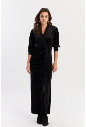 Kadın Siyah Kruvaze Büzgülü Kadife Maxi Elbise ALO1007-9
