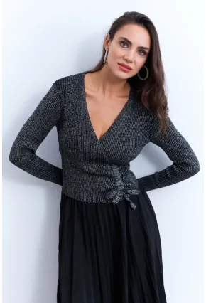 Kadın Siyah Kruvaze Büzgülü Simli Bluz KED173