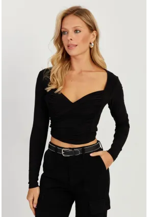 Kadın Siyah Kruvaze Crop Bluz LPP1252