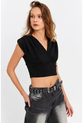 Kadın Siyah Kruvaze Crop Bluz SDY1234