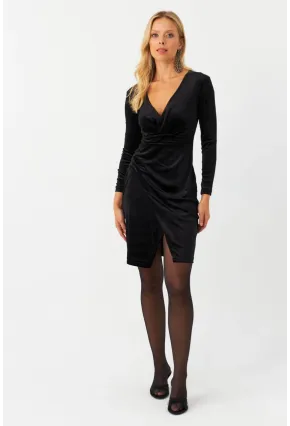 Kadın Siyah Kruvaze Kadife Midi Elbise QS293
