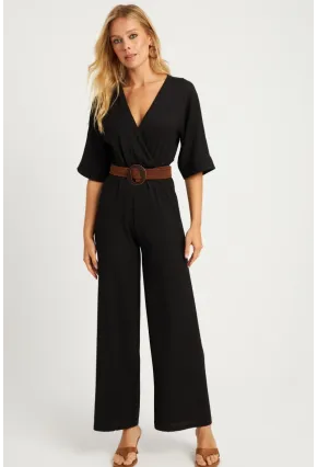 Kadın Siyah Kruvaze Kemerli Bürümcük Tulum XL2009