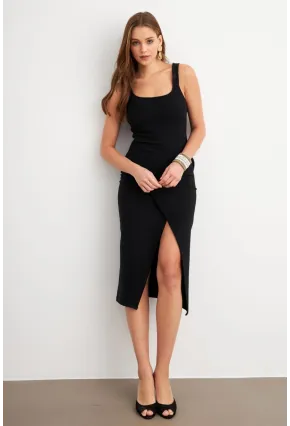Kadın Siyah Kruvaze Midi Elbise LİT1096