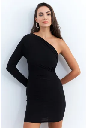 Kadın Siyah Kruvaze Tek Kol Mini Yılbaşı Elbise ELT4035