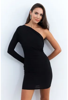 Kadın Siyah Kruvaze Tek Kol Mini Yılbaşı Elbise ELT4035