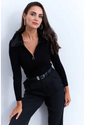 Kadın Siyah Kürk Yaka Bluz ELA115