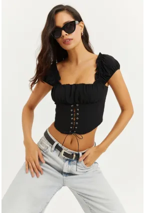 Kadın Siyah Kuşgözlü Crop Bluz YEL26