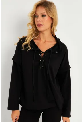 Kadın Siyah Kuşgözlü Sweatshirt TF04