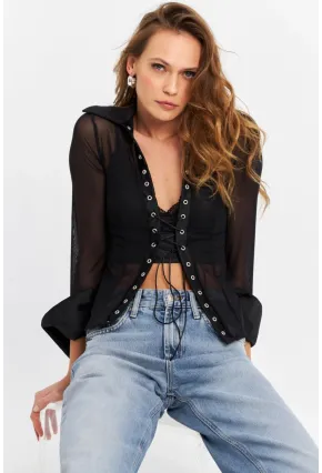 Kadın Siyah Kuşgözlü Tül Gömlek YEL221539